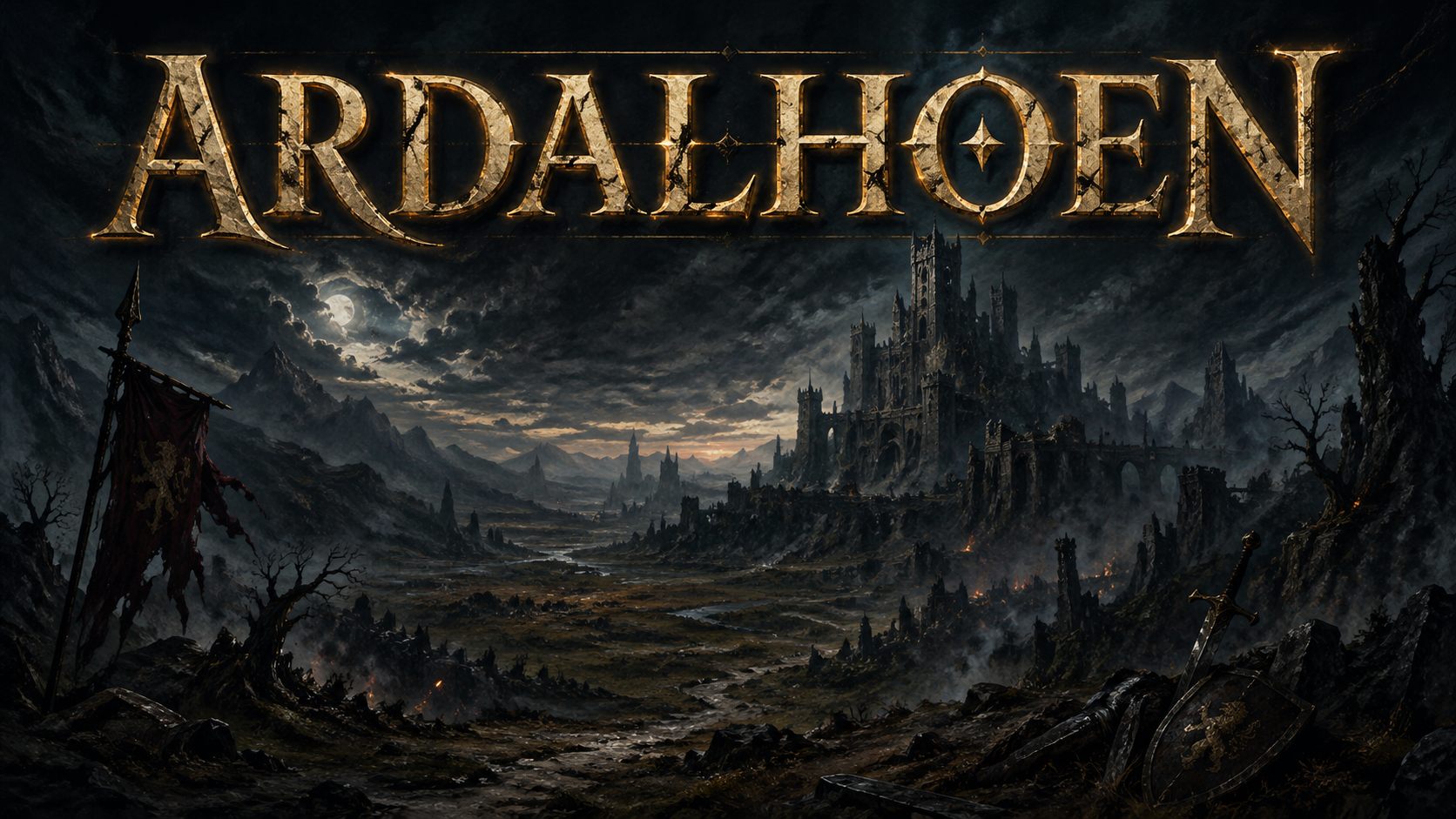 The Ardalhoen title screen: a ruined battlefield and a broken city beneath a storm