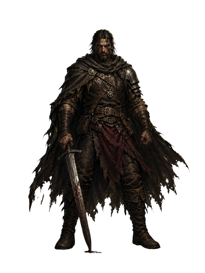 Leogan, a battered human soldier in a dark cloak, sword lowered