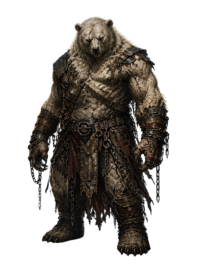Tremil, a cursed bearman in chains and scavenged armour