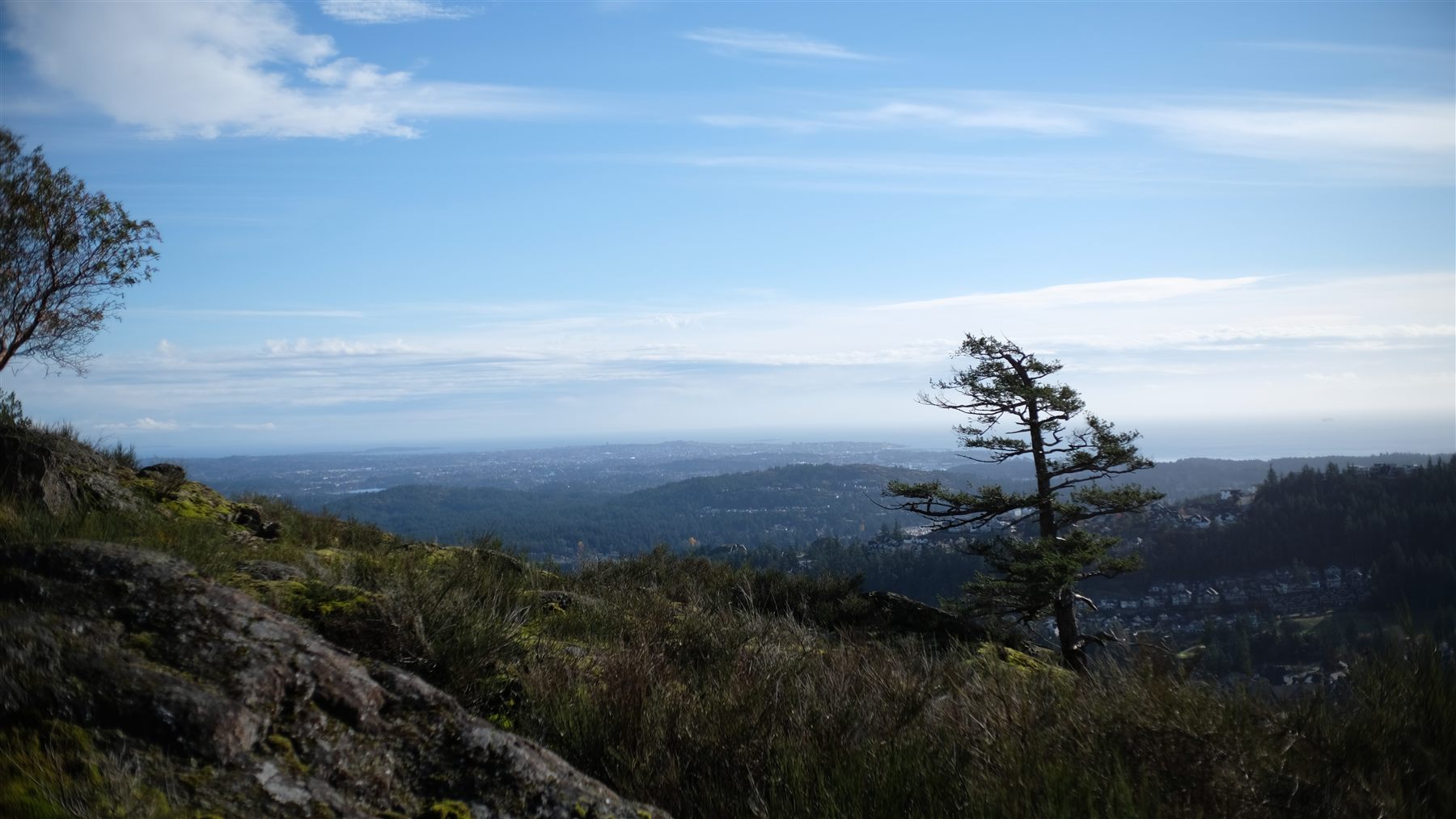 A view from a rocky hilltop over forest and water