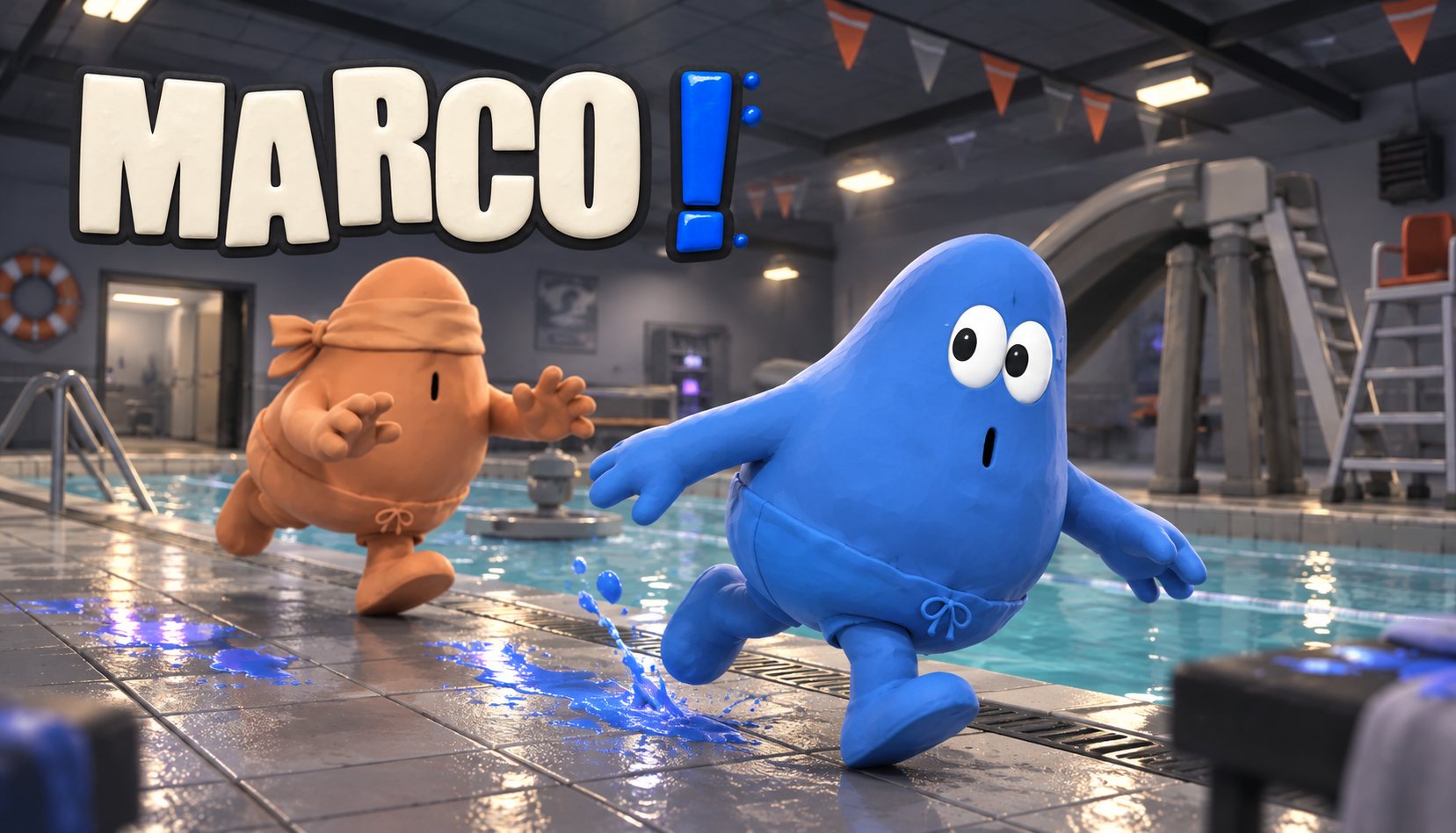 Two blob characters, one orange and one blue, running along the edge of a pool