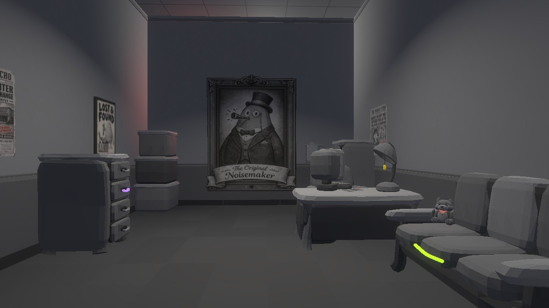 A dim office with a framed portrait on the wall