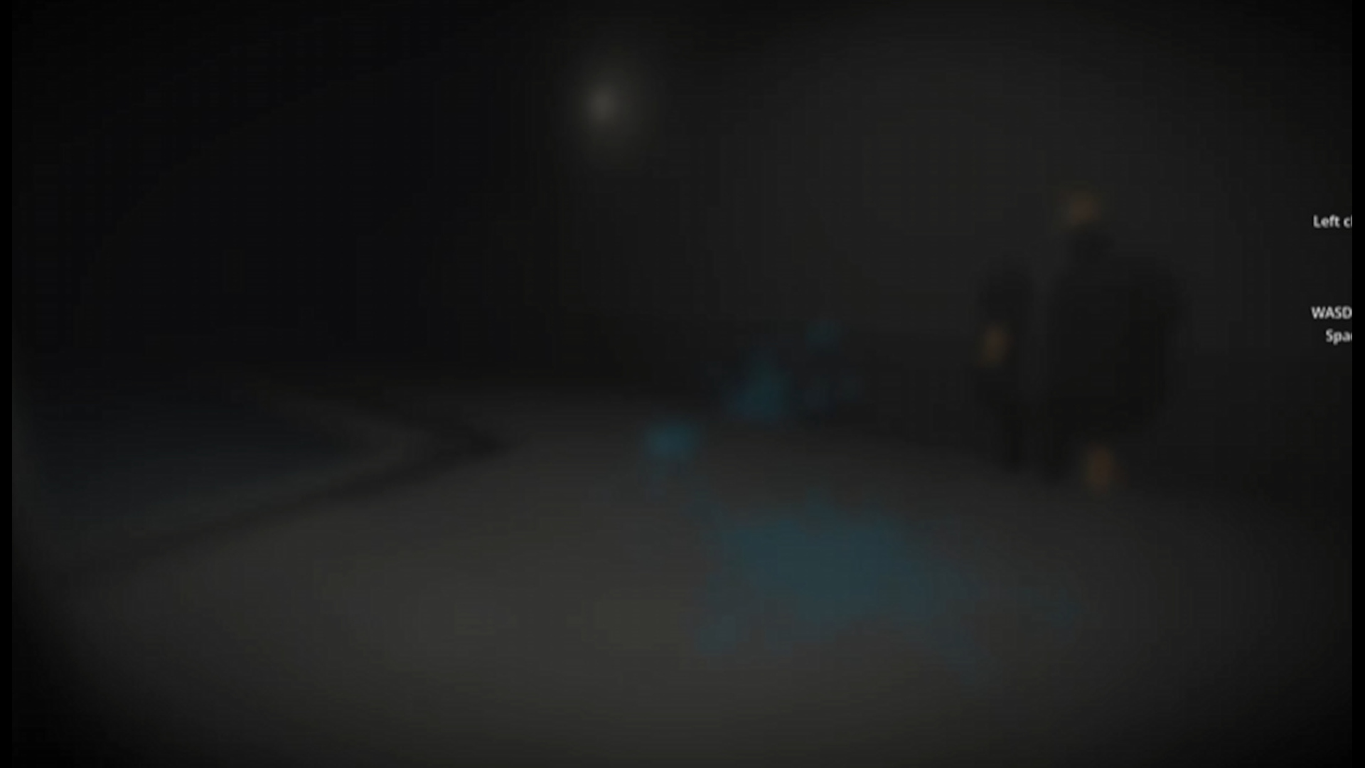 A dark, foggy view where only faint shapes are visible