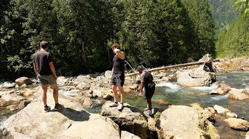 Three friends standing on boulders beside a mountain river