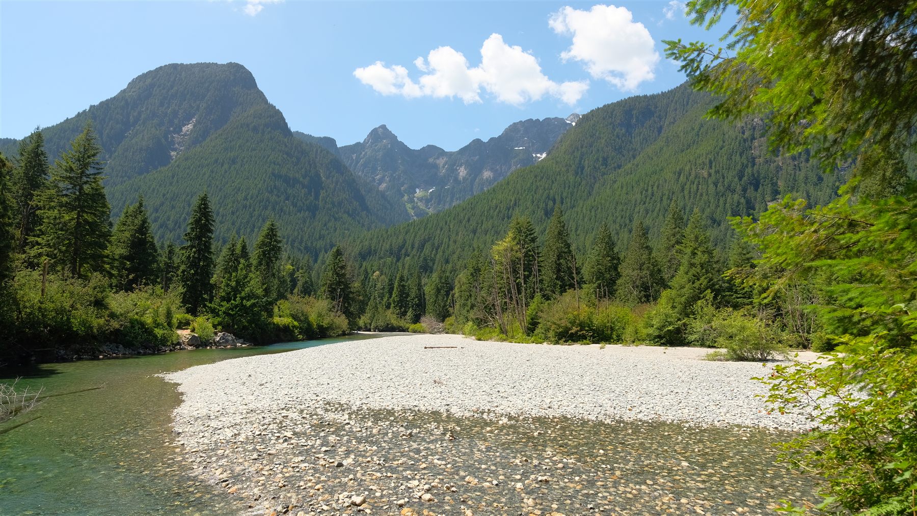 A wide gravel riverbed under forested peaks