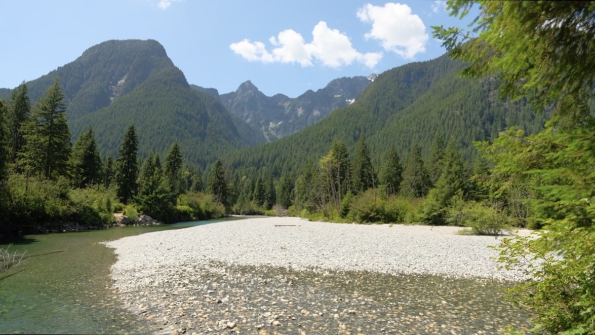 A wide gravel riverbed beneath forested peaks at Golden Ears